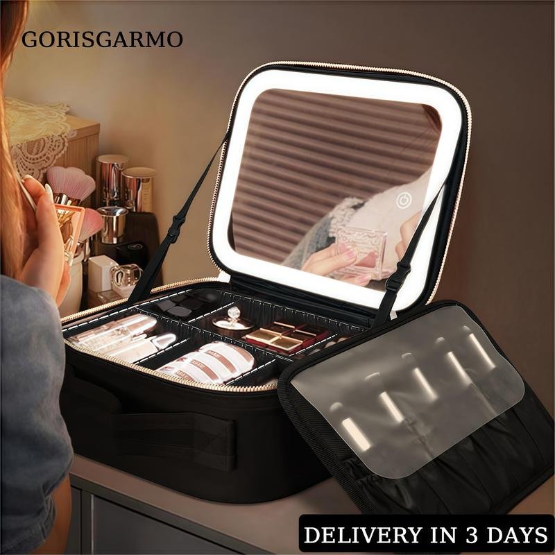 GORISGARMO Travel Makeup Bag with LED mirrorCosmetic Bag Adjustable Dividers, MakeupOrganizer Bag with Lighted Mirror 3 ColorScenarios Adjustable Brightness,WaterproofProfessional Cosmetic Artist Organizer.PerfectChristmas Gift For Friend & Family