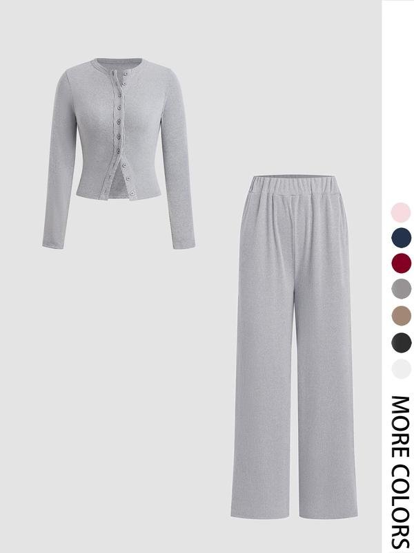 Two-piece Set Women's Solid Button Front Ribbed Crop Top & Elastic Waist Pants, Casual Long Sleeve Round Neck Top & Trousers 2 Piece Set for Spring & Fall, Women's Clothes for Daily Wear, Sassyandclassyclothing